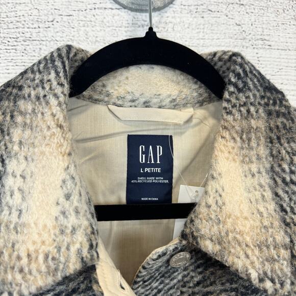 Gap Women's Black & Cream Plaid Wool Fuzzy Thick Shacket Size Large Petite - Picture 2 of 9